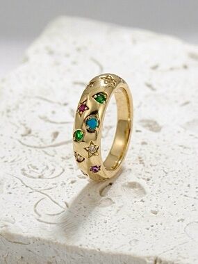 14K Gold Plated Celestial Ring w/ Colorful CZ Stones | Boho Statement Band Ring